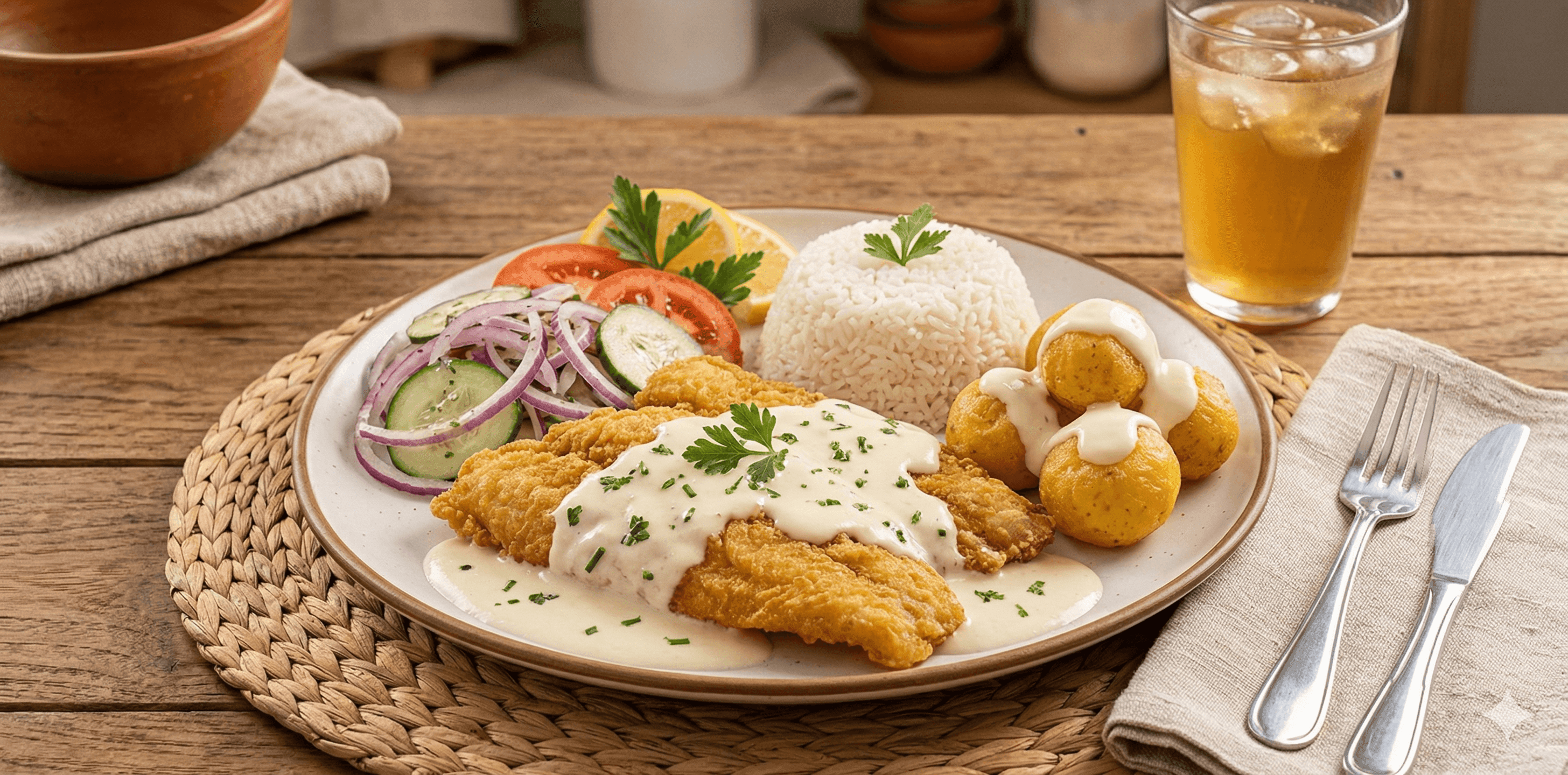 Bagre frito bañado en Crema de Leche Alquería