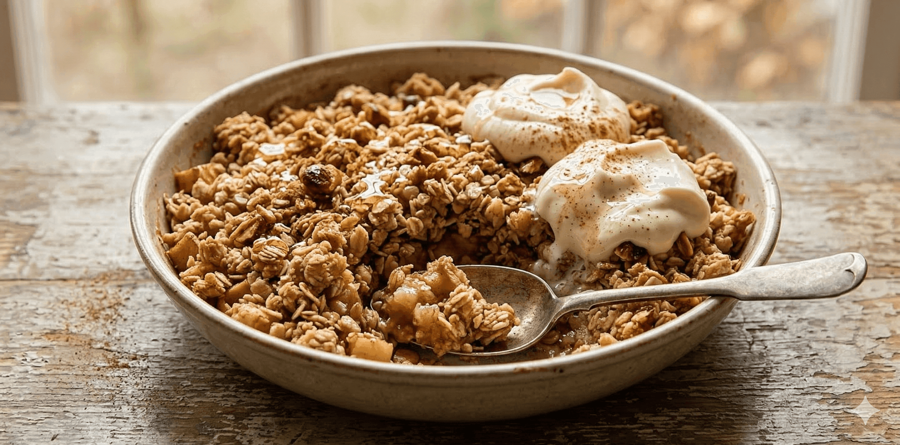Manzanas al horno con crujiente casero, servidas con crema y miel