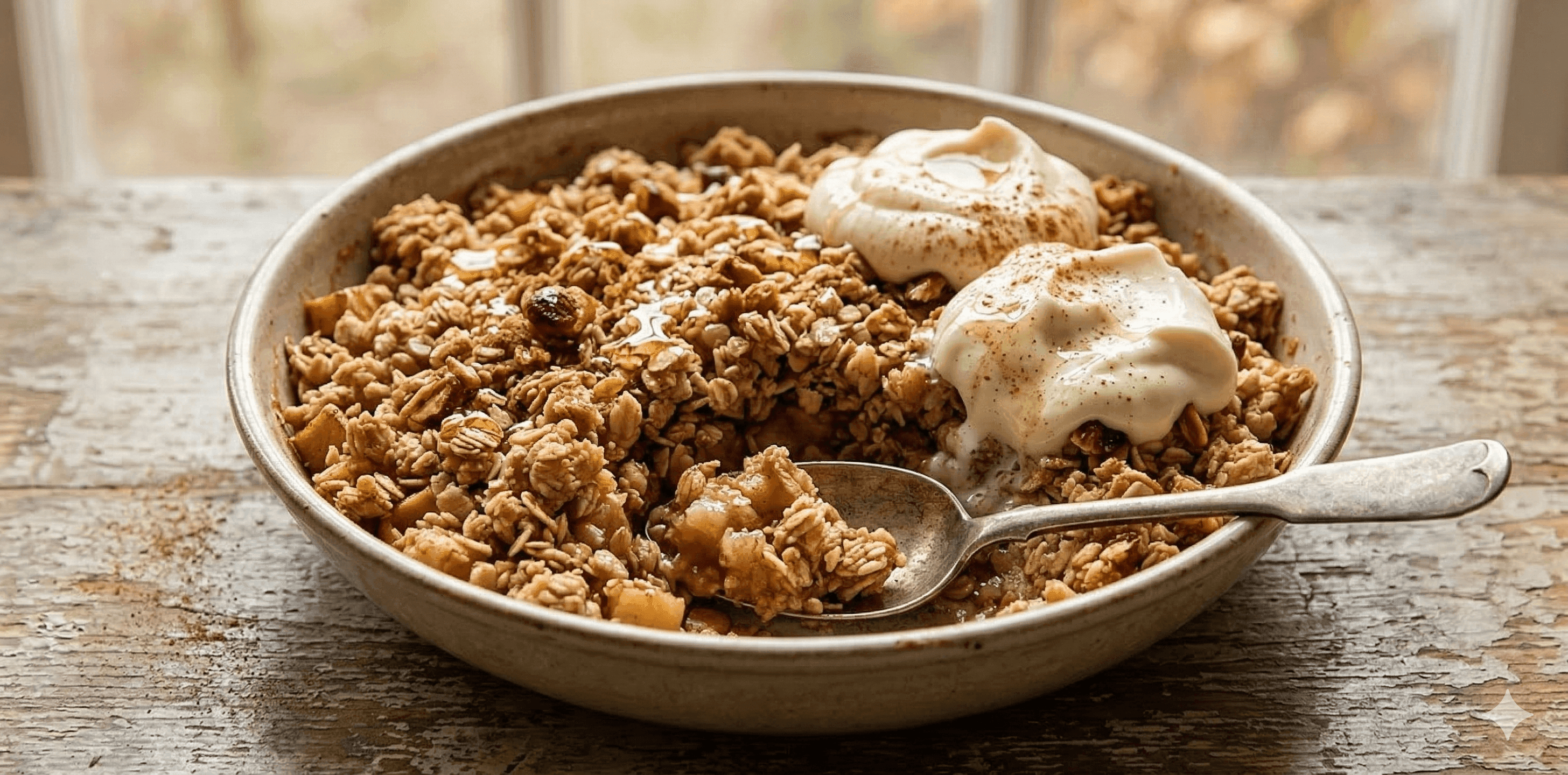 Manzanas al horno con crujiente casero, servidas con crema y miel