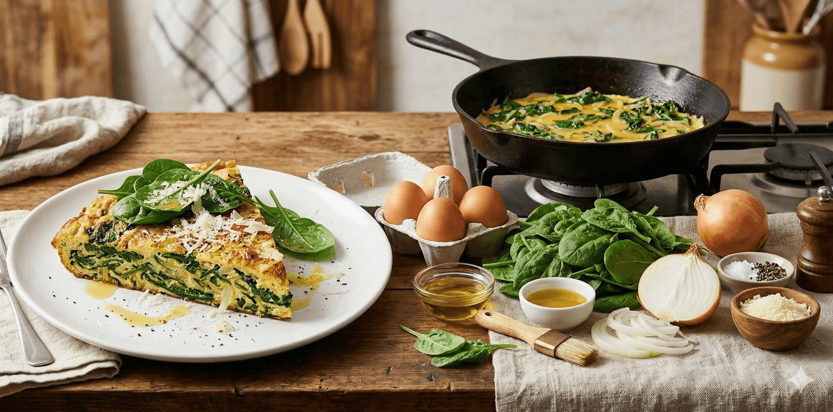 Frittata de espinaca, con crema chantilly alquería y un toque de parmesano