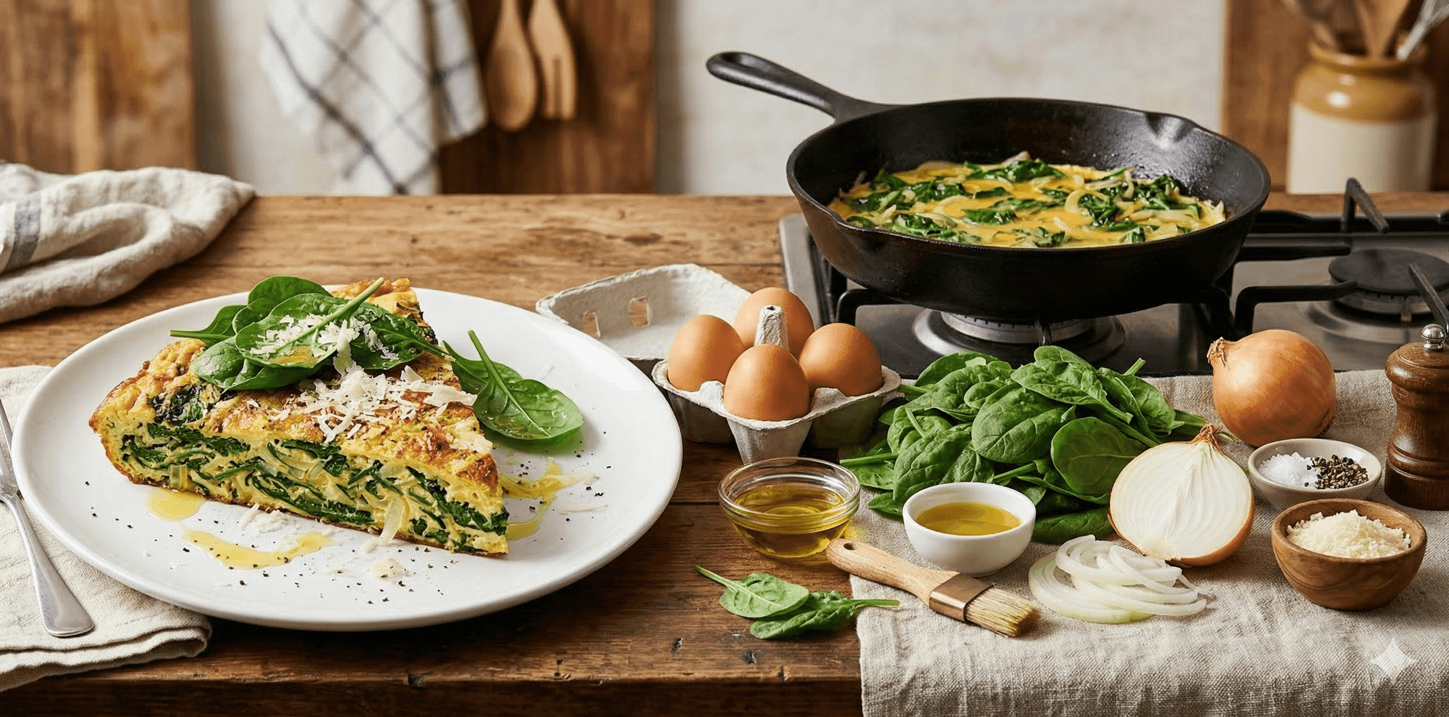 Frittata de espinaca, con crema chantilly alquería y un toque de parmesano